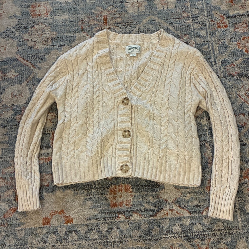 American Eagle Cropped Cardigan Women Small Cream Cable Knit Fisherman Sweater